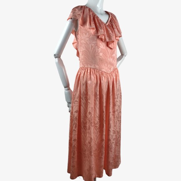 Vintage 1980s Shell Pink Tea Dress Floral Damask Ruffle Neckline Open Tie Back M - Picture 6 of 16